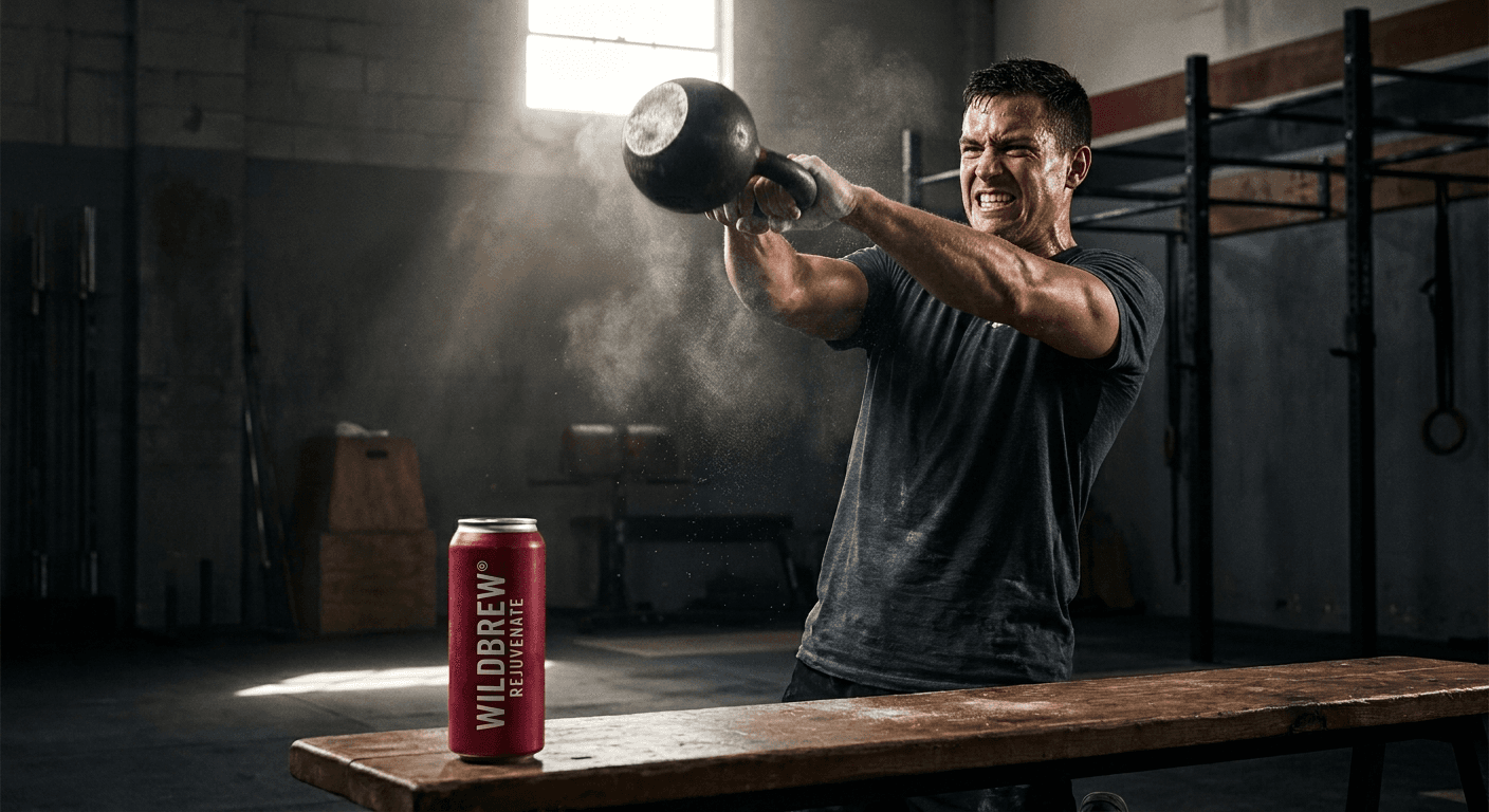 An athlete mid-workout in a dark gym with a WILDBREW® can in the foreground