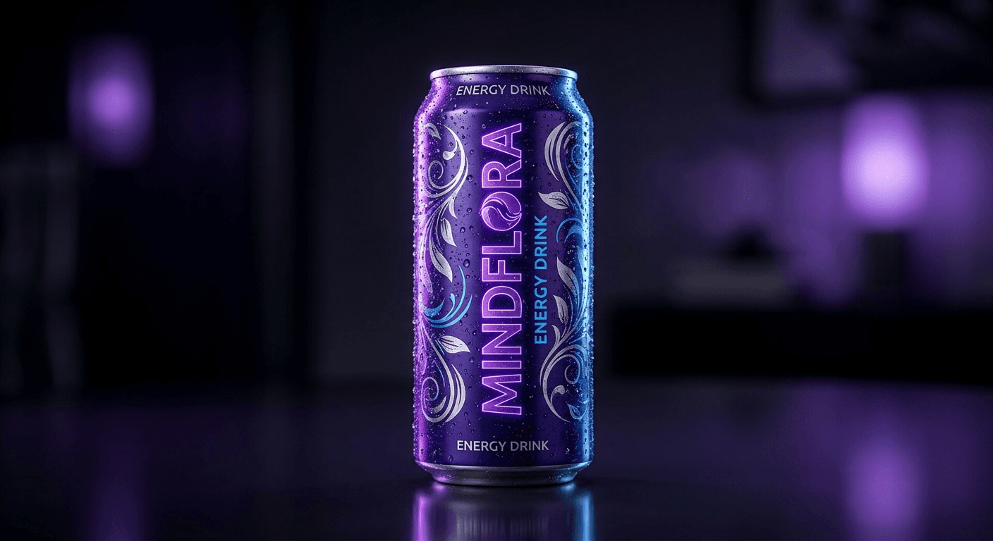 MINDFLORA® by Rejuvenate — signature violet can with dramatic studio lighting and condensation